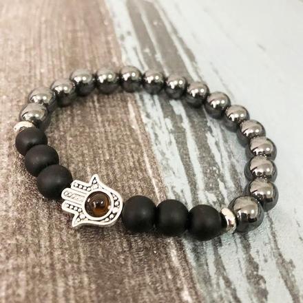 Natural Hematite and Onyx Hamsa Bracelet