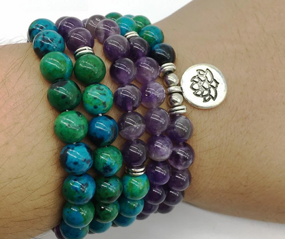 Natural Amethyst and Chrysocolla Lotus Mala