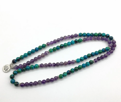 Natural Amethyst and Chrysocolla Lotus Mala