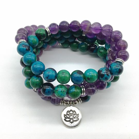 Natural Amethyst and Chrysocolla Lotus Mala