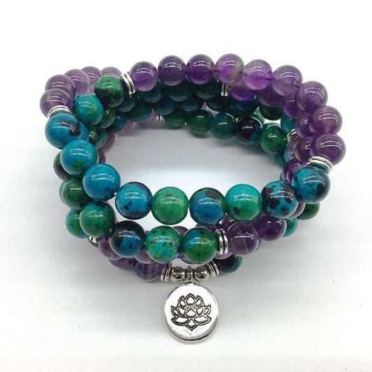Natural Amethyst and Chrysocolla Lotus Mala