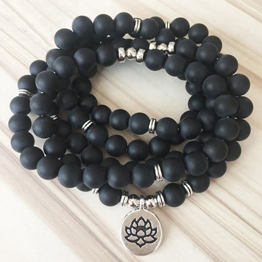 Natural Matte Black Onyx Lotus Mala