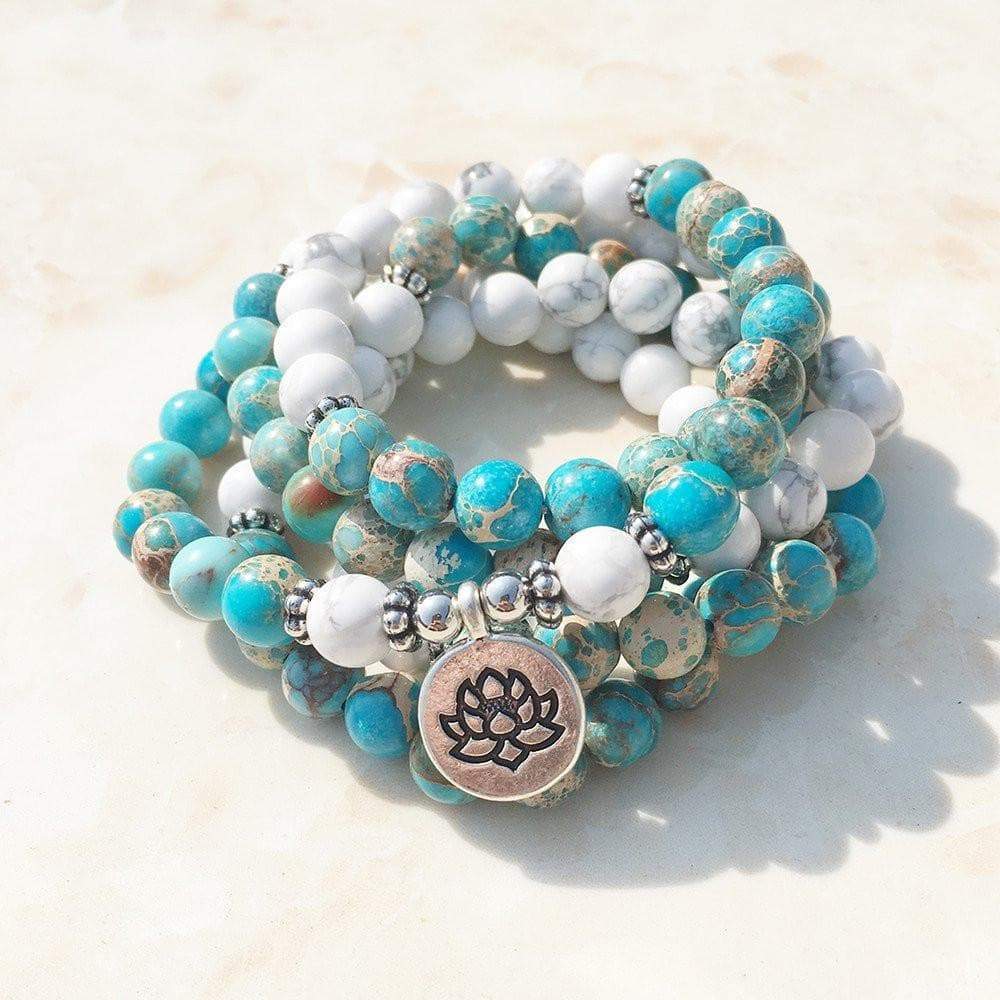 Natural Howlite and Jasper Lotus Mala