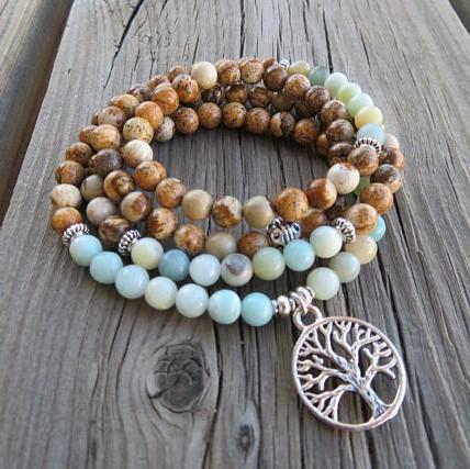 Natural Sandalwood and Amazonite Mala