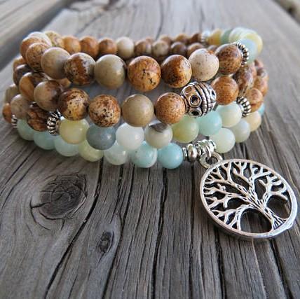 Natural Sandalwood and Amazonite Mala