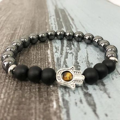 Natural Hematite and Onyx Hamsa Bracelet