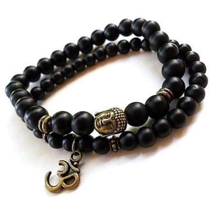 Natural Matte Black Onyx Om Bracelet Set