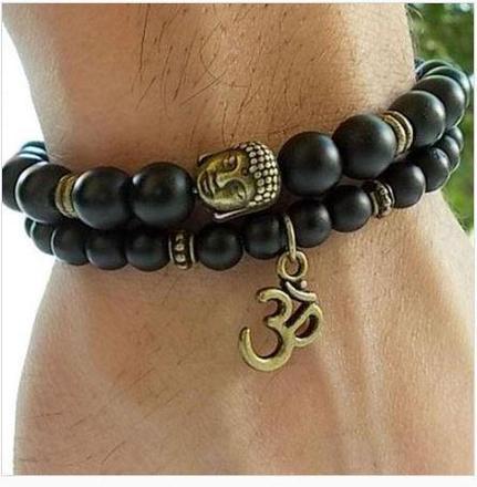 Natural Matte Black Onyx Om Bracelet Set