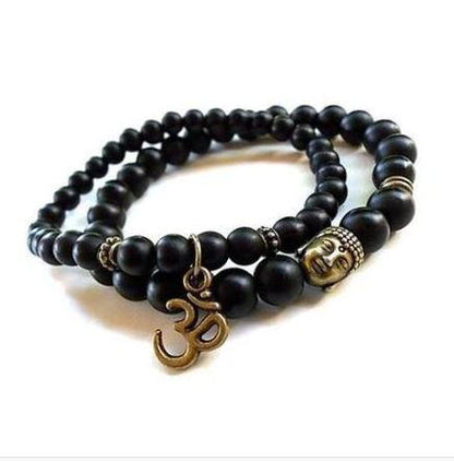 Natural Matte Black Onyx Om Bracelet Set