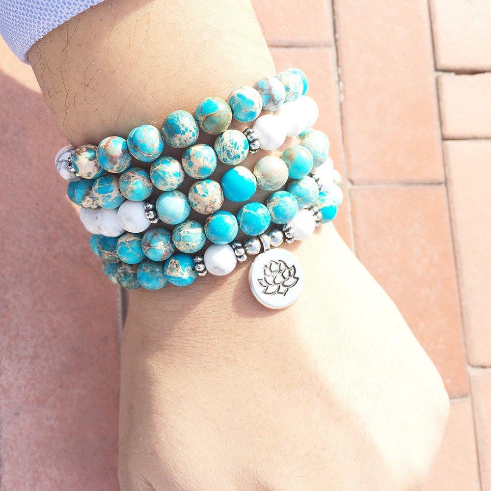 Natural Howlite and Jasper Lotus Mala