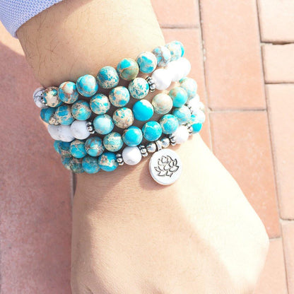 Natural Howlite and Jasper Lotus Mala
