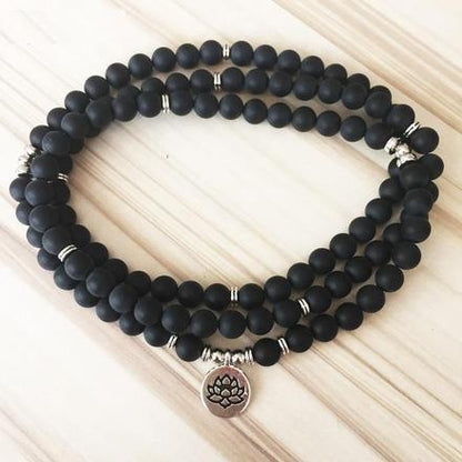 Natural Matte Black Onyx Lotus Mala