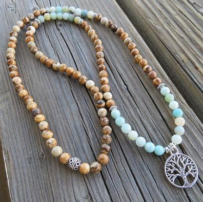 Natural Sandalwood and Amazonite Mala