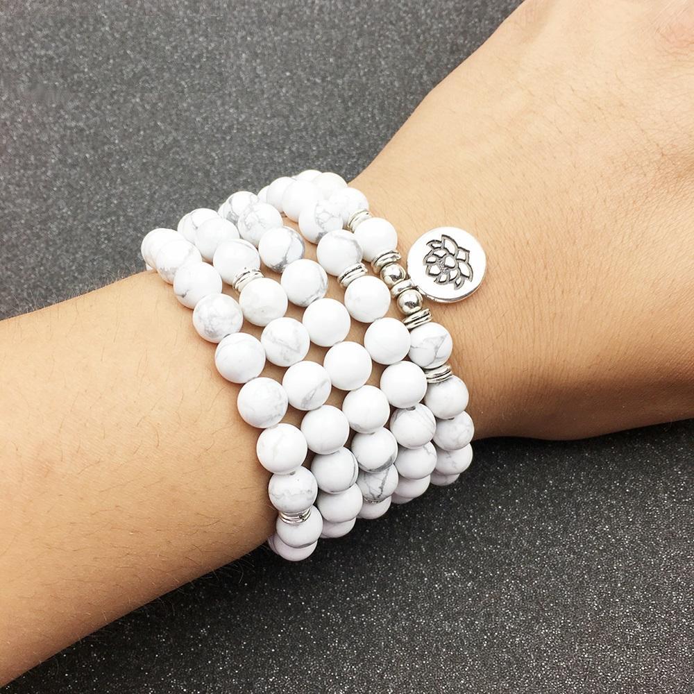 Natural White Howlite Lotus Mala
