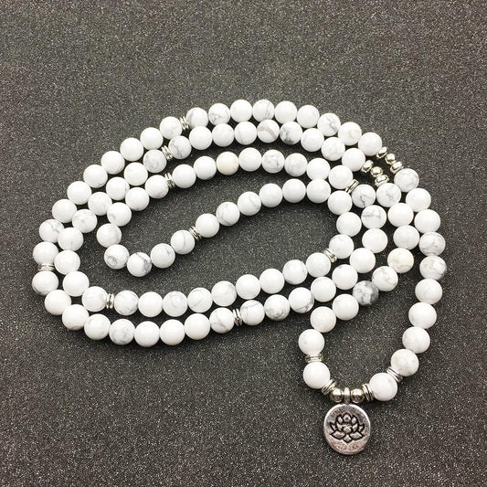 Natural White Howlite Lotus Mala